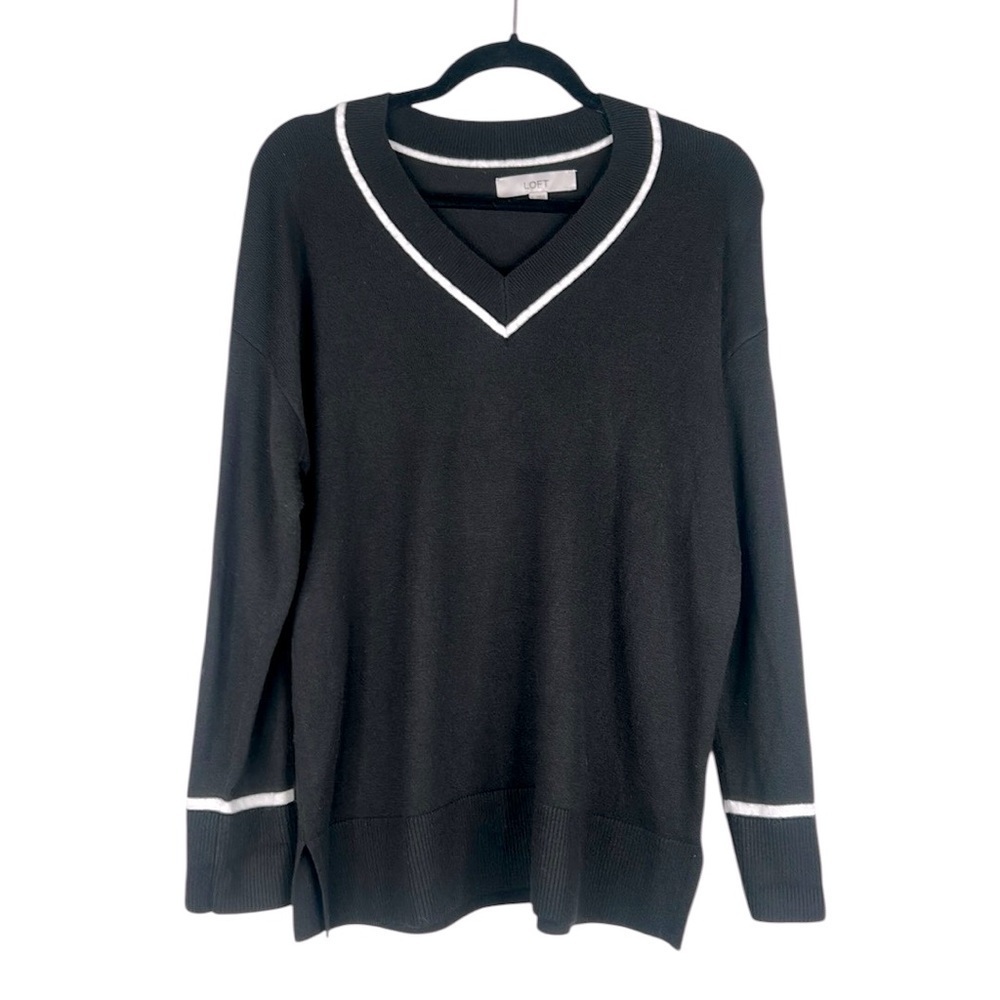 LOFT Ann Taylor Black & White V-Neck Academia Classic Long Sleeve Sweater Size S